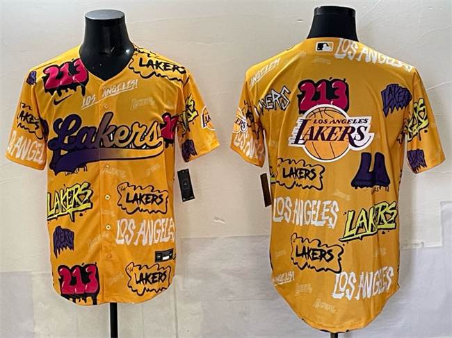 Men's Yellow Los Angeles Lakers Team Big Logo Limited Stitched Baseball Jersey